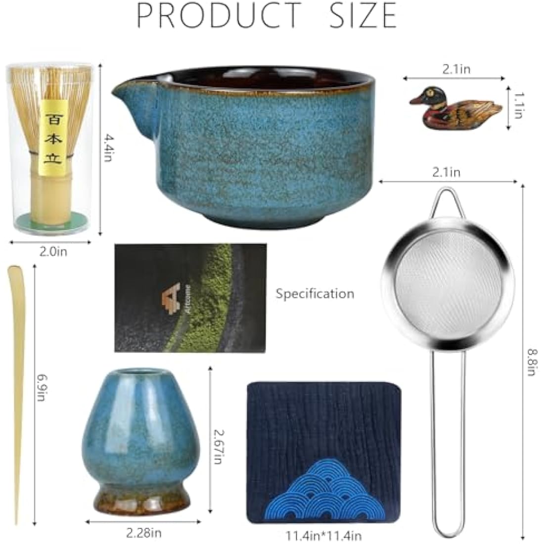 Artcome 7 Pcs Complete Matcha Tea Ceremony Kit - Bowl, Whisk, Scoop, Strainer, Powder, Set for Usucha, Koicha, Matcha Latte (Sapphire)