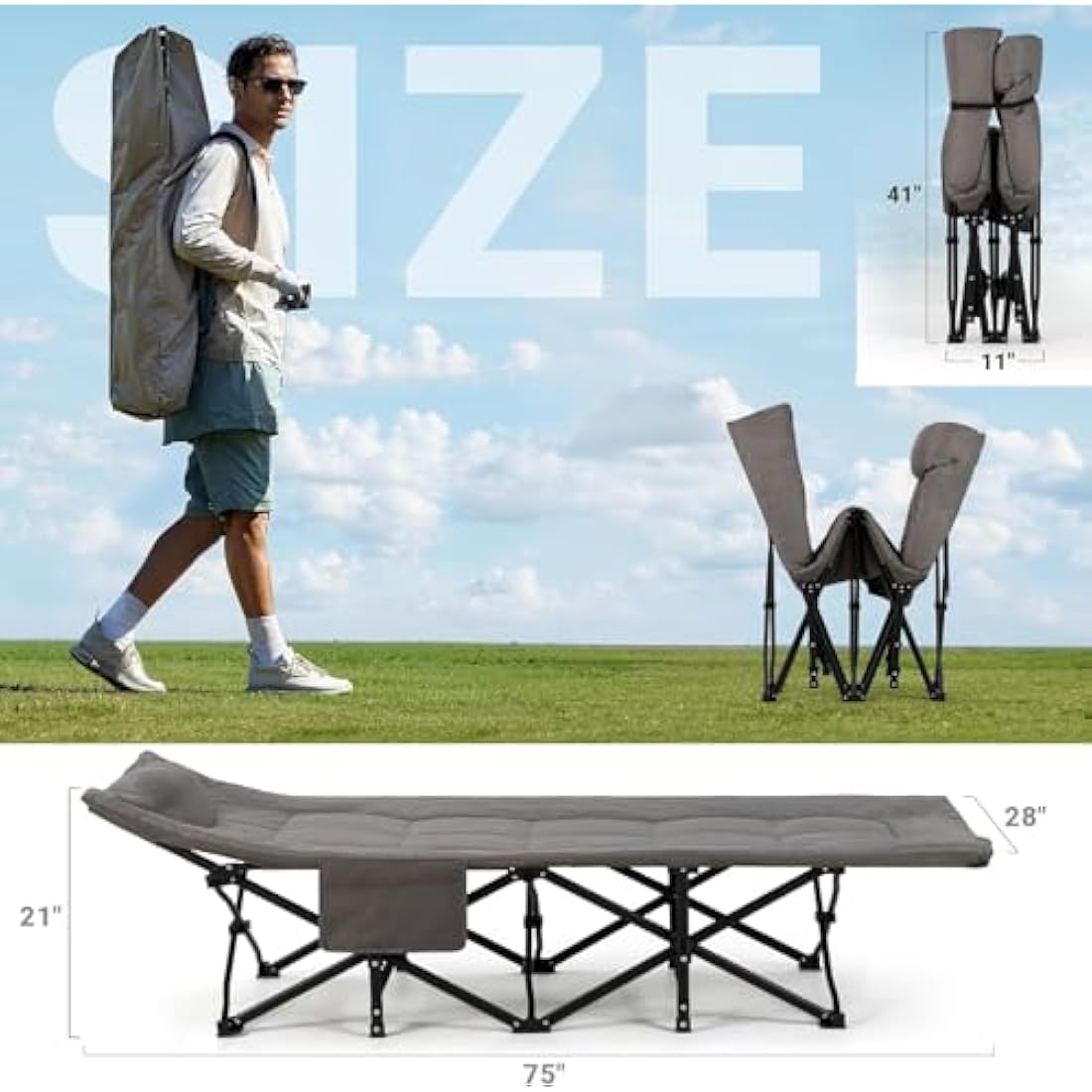 OVERMONT 28" Extra Wide Padded Folding Camping Beds for Adults - Comfortable Portable with Cushion and Pillow - Folding Cot with Carry Bag Supports 550 lbs for Outdoor Travel Home Office Nap