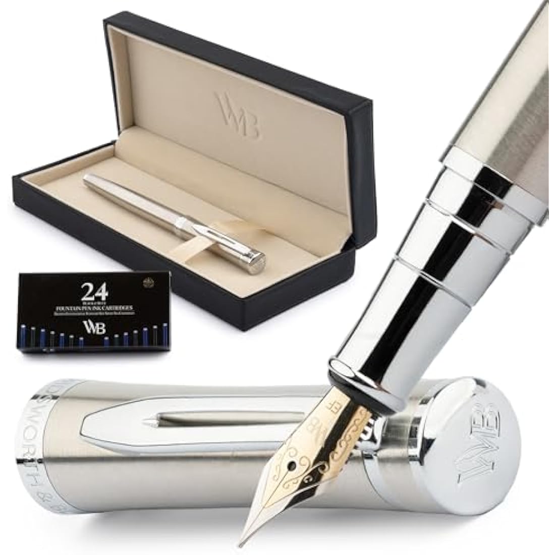 Wordsworth & Black Fountain Pen Set, Extra Fine Nib, Includes 24 Ink Cartridges and Ink Refill Converter Gift Box, Journaling,[Silver Chrome]
