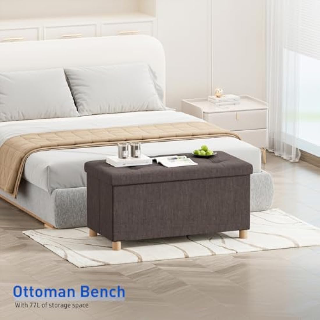 BRIAN & DANY Ottoman Storage Box with 4 Wood Legs, Linen Storage Ottoman for Living Room, Brown, 76 x 38 x 38 cm