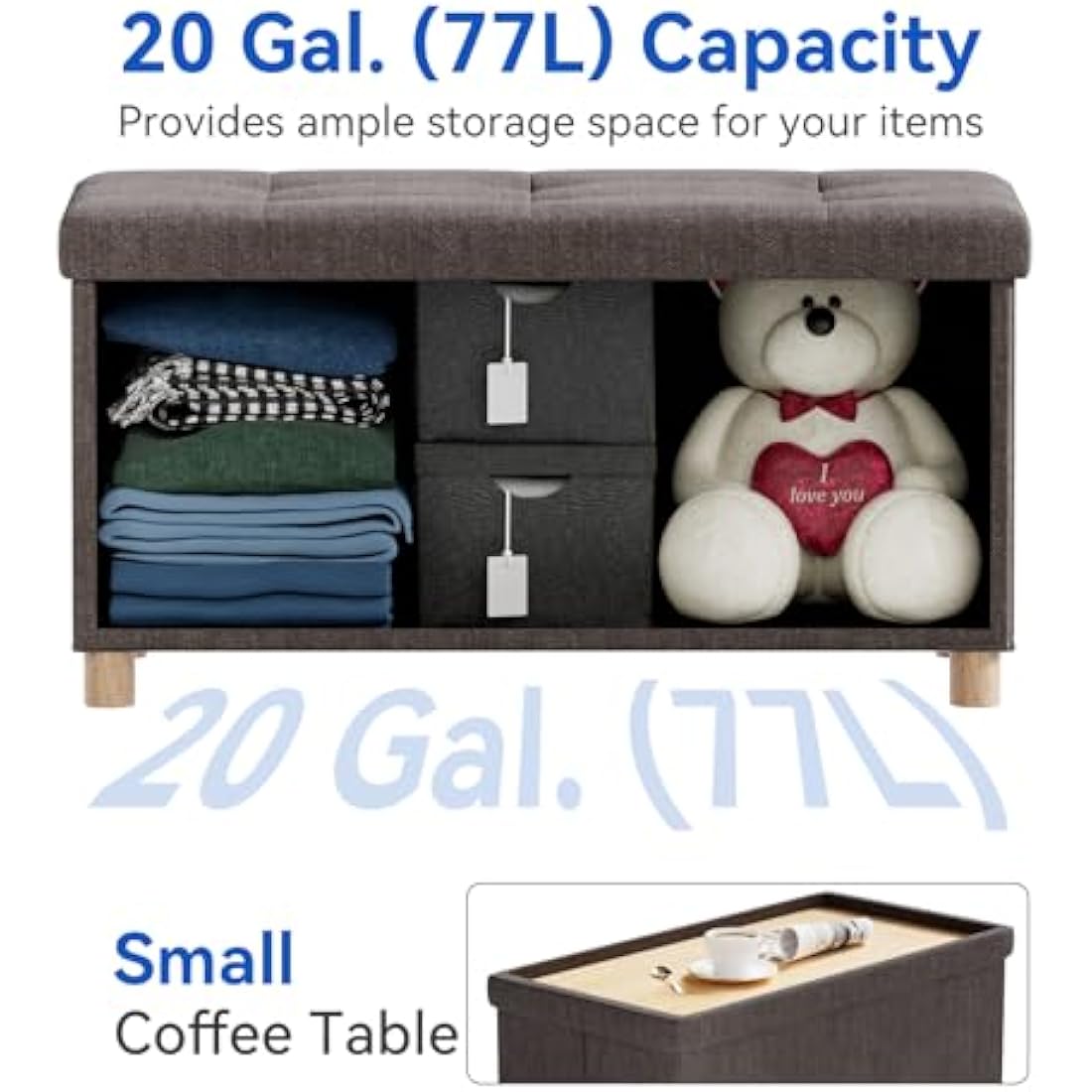 BRIAN & DANY Ottoman Storage Box with 4 Wood Legs, Linen Storage Ottoman for Living Room, Brown, 76 x 38 x 38 cm