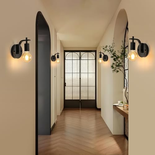 DELIPOP 4 Pack Industrial Wall Lights, Black Metal Wall Lamps, E27 Vintage Wall Sconce Lights, Wall Lighting Fixtures for Living Room, Bedroom, Kitchen, Hallway, Restaurant, Not Included Bulb