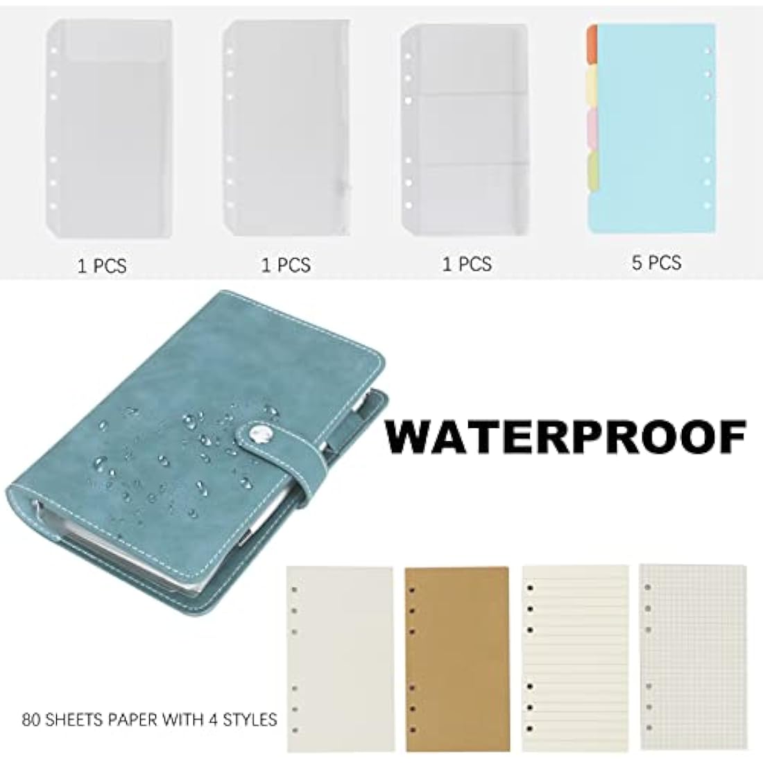 FYY Leather A6 Ring Binder Notebook, 6 Ring Binder with A6 Refill Papers, Binder Pockets and Subject Dividers Paper Sheet, Travel Binder Journal Personal Planner with Ring Binder Cyan