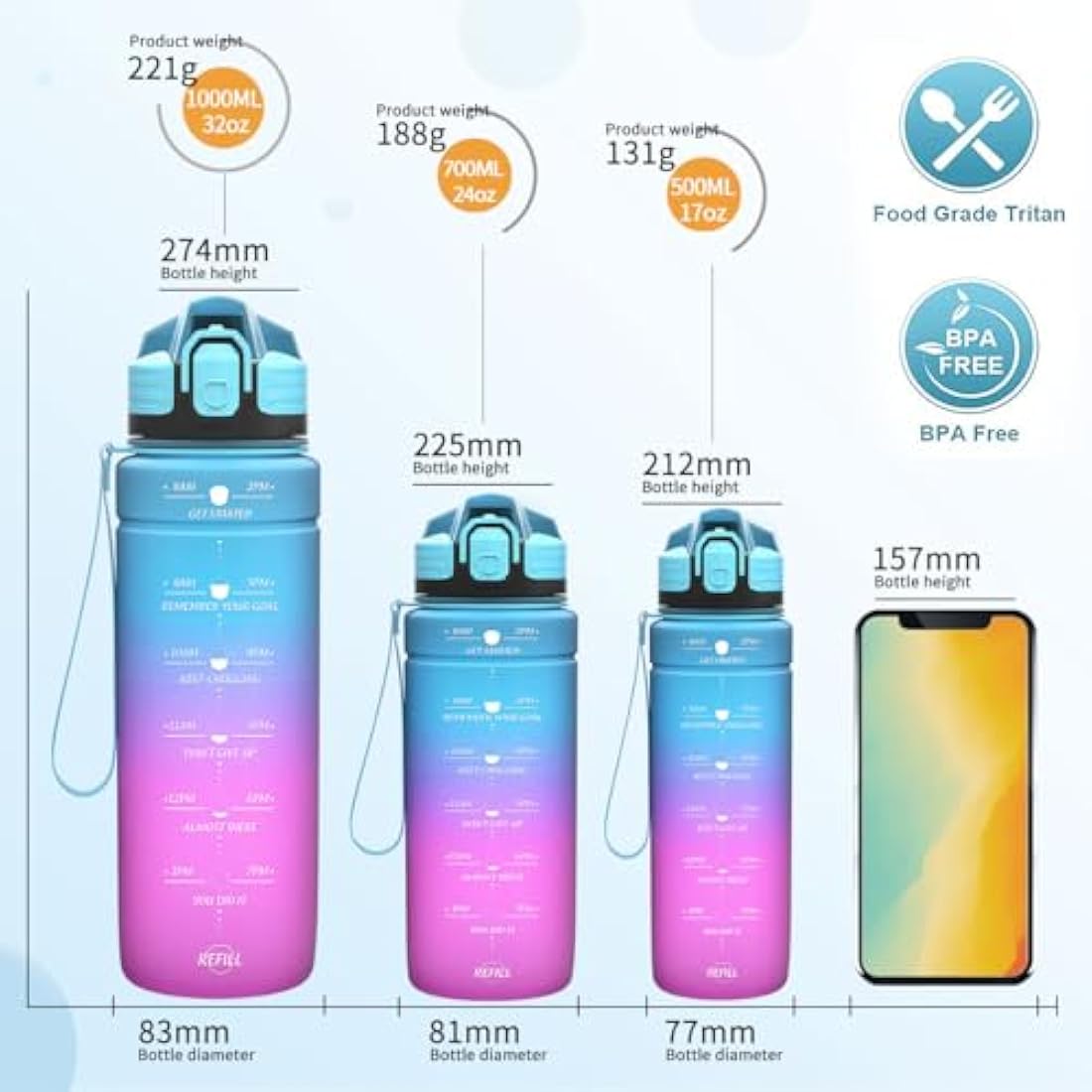 Niggeey Motivational Water Bottle with Time Marker, Sports Bottles 1.5l, 1l, 700ml, 500ml Kids Bottles, Leak Proof BPA Free Tritan Drink for School, Gym and Sport, Cycling, 24oz-bluepurple