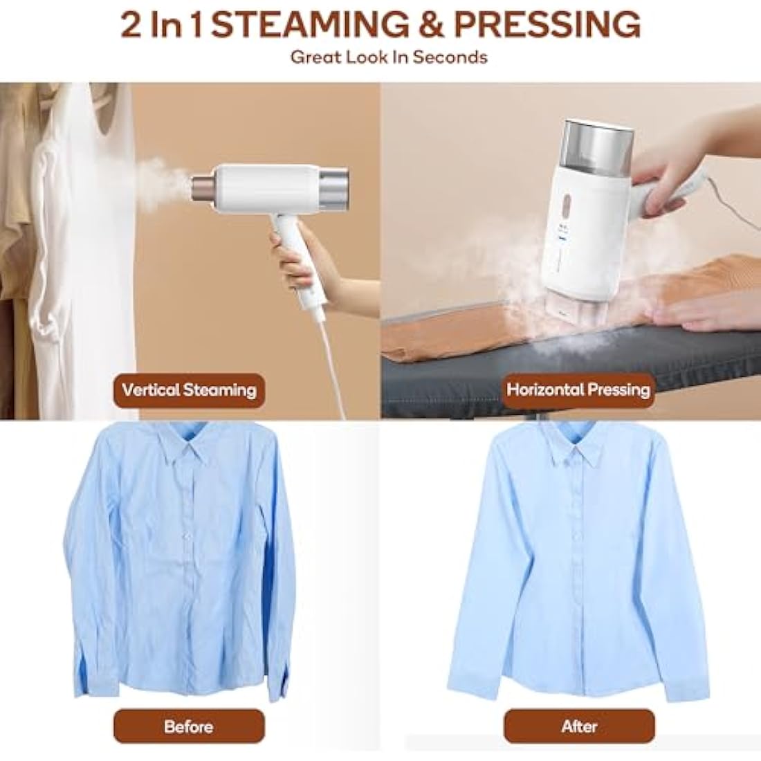 Newbealer Dual Voltage Travel Clothes Steamer - 220V/120V, 1200W Portable Garment Steamer with 180ml Detachable Water Tank, Horizontal & Vertical Steaming, Auto-Off, 20s Fast Heat Up, Gold