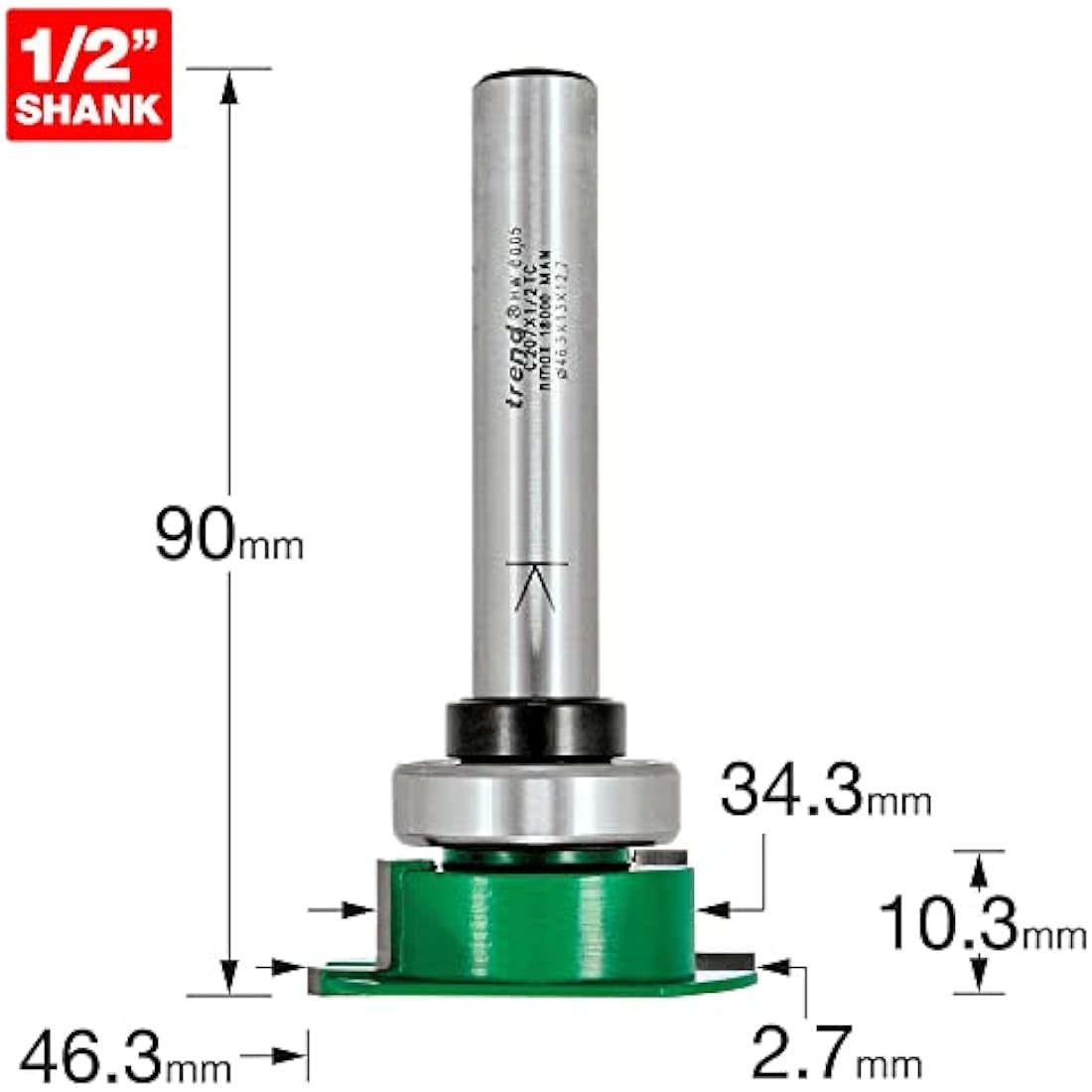 Trend CraftPro Aquamac 21 Recesser Router Cutter Bit, 1/2 Inch Shank, 46.3mm Cut Diameter, Tungsten Carbide Tipped, Bearing Guided, C207X1/2TC