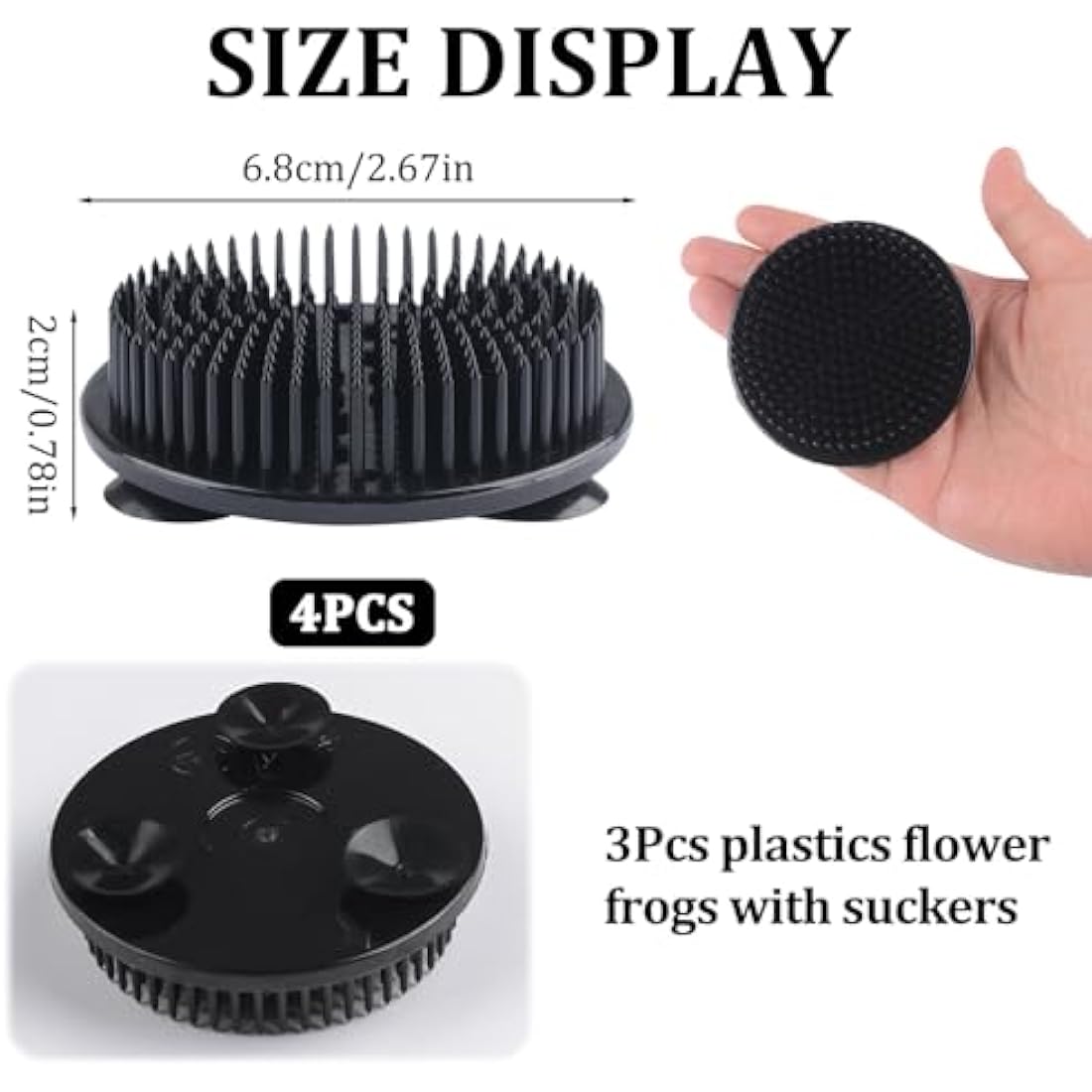 WANDIC Flower Frog, 4 Pcs Round Black Plastic Ikebana Kenzan Frogs Japanese Arranging Holder with 3 Suckers for DIY Flower Art Craft