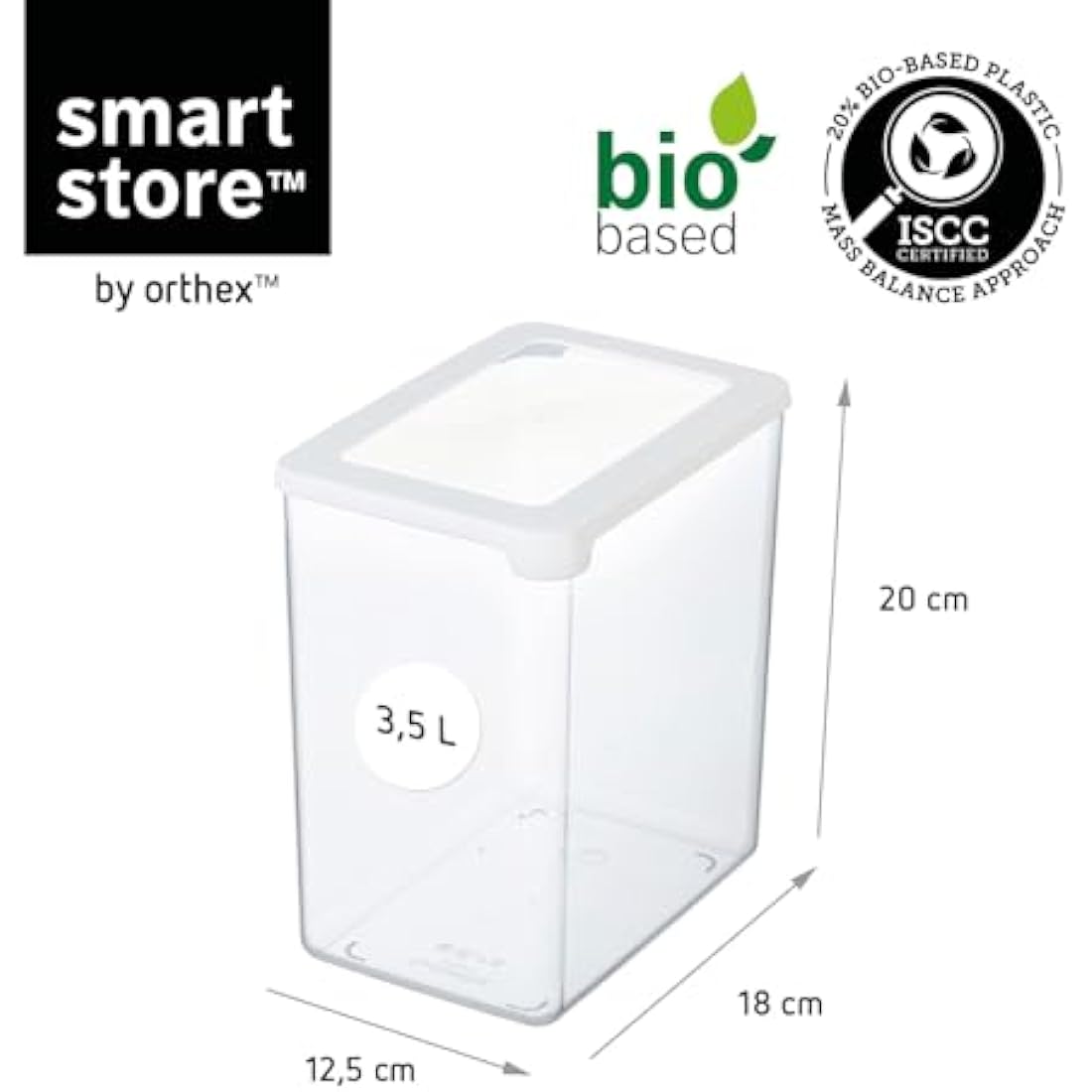 SmartStore Clear Airtight Dry Food Containers with Lids 3.5L Set of 4-20% Bio-based Plastic Storage Box with Lid, BPA Free, Dishwasher Safe - Stacking Kitchen Storage Containers - 12.5 x 18 x 20cm