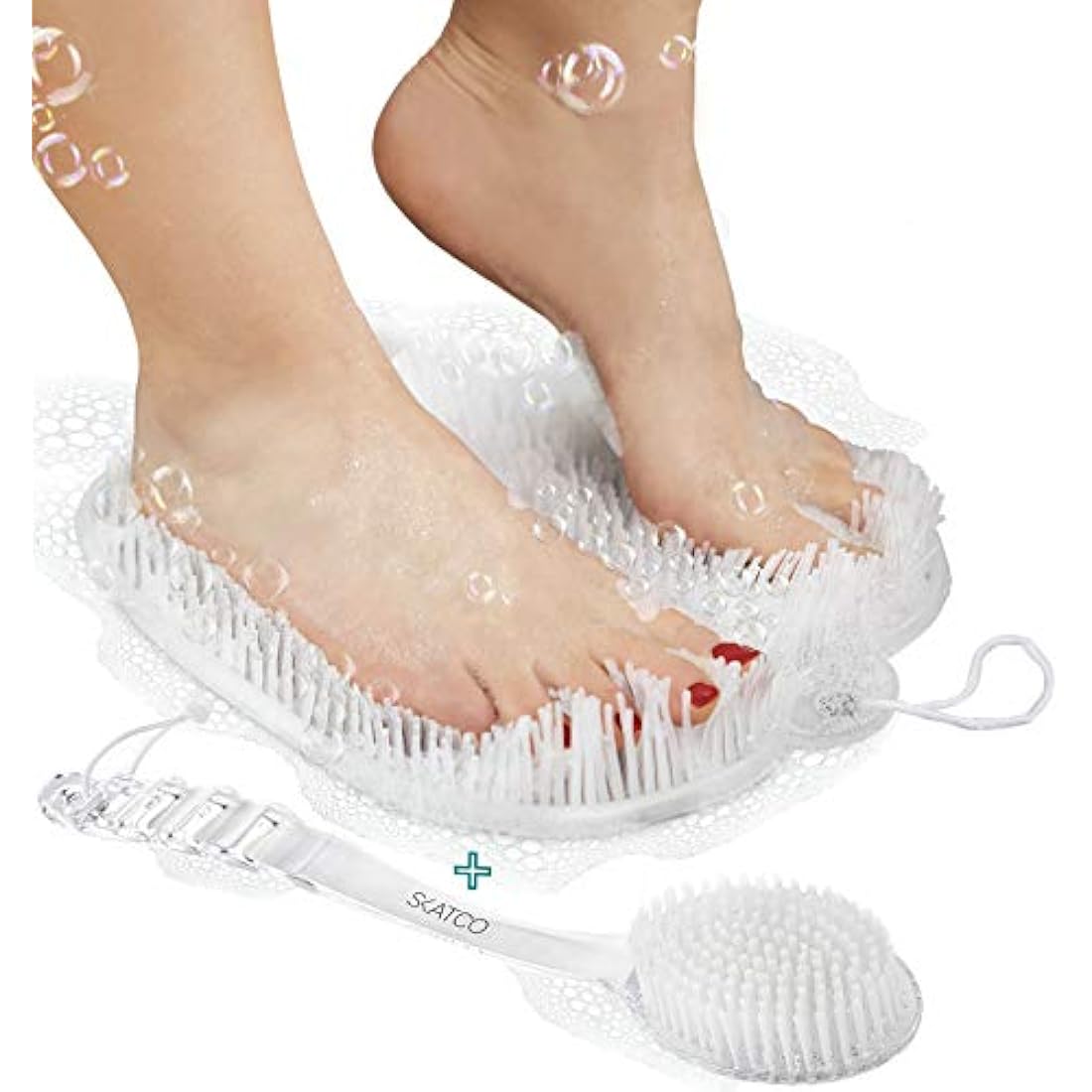 SKATCO Foot Scrubber for Shower and Body Brush Set. Comfortable to Stand Shower Feet Scrubber No Plastic Smell - Wet and Dry Brush Body Massager. Skin Care and Foot Care Shower Accessories - Clear