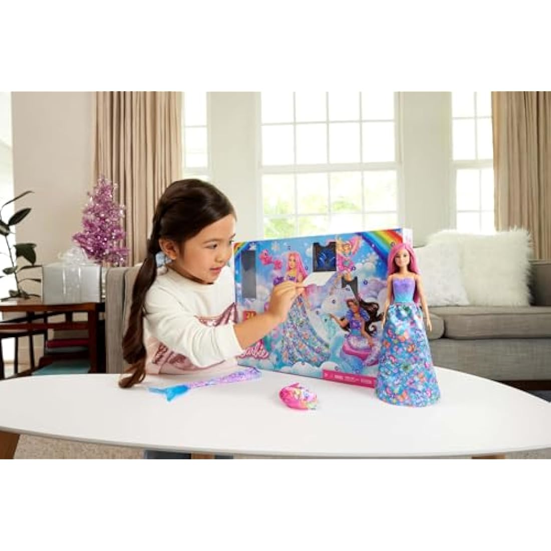 Barbie Advent Calendar with Doll & 24 Surprise Accessories Including Unicorn & 3 Pets, Transform Pink-Haired Fashion Doll into Mermaid, Fairy & More, HRG90