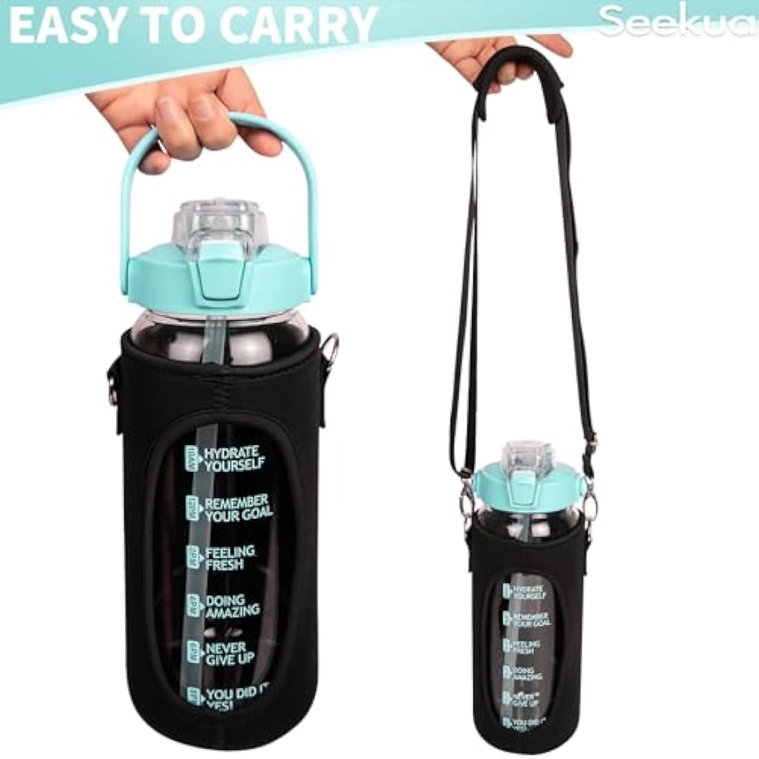 Seekua 2l Glass Water Bottle with Straw & Motivational Time Markings 2 litre Large Leakproof Gym Drinking Bottle