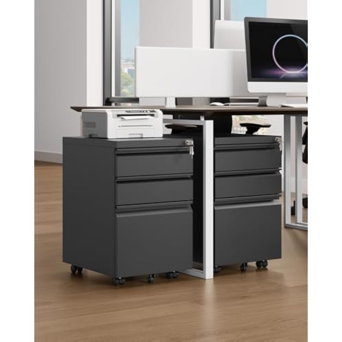 YITAHOME 3-Drawers Lockable File Cabinet for Letter/legal/A4 Size, Home Office Mobile Filing Cabinet with Wheel, Anti-tipping Under Desk File Storage Cabinets, Fully Assembled, Black, 46 x 39 x 62cm