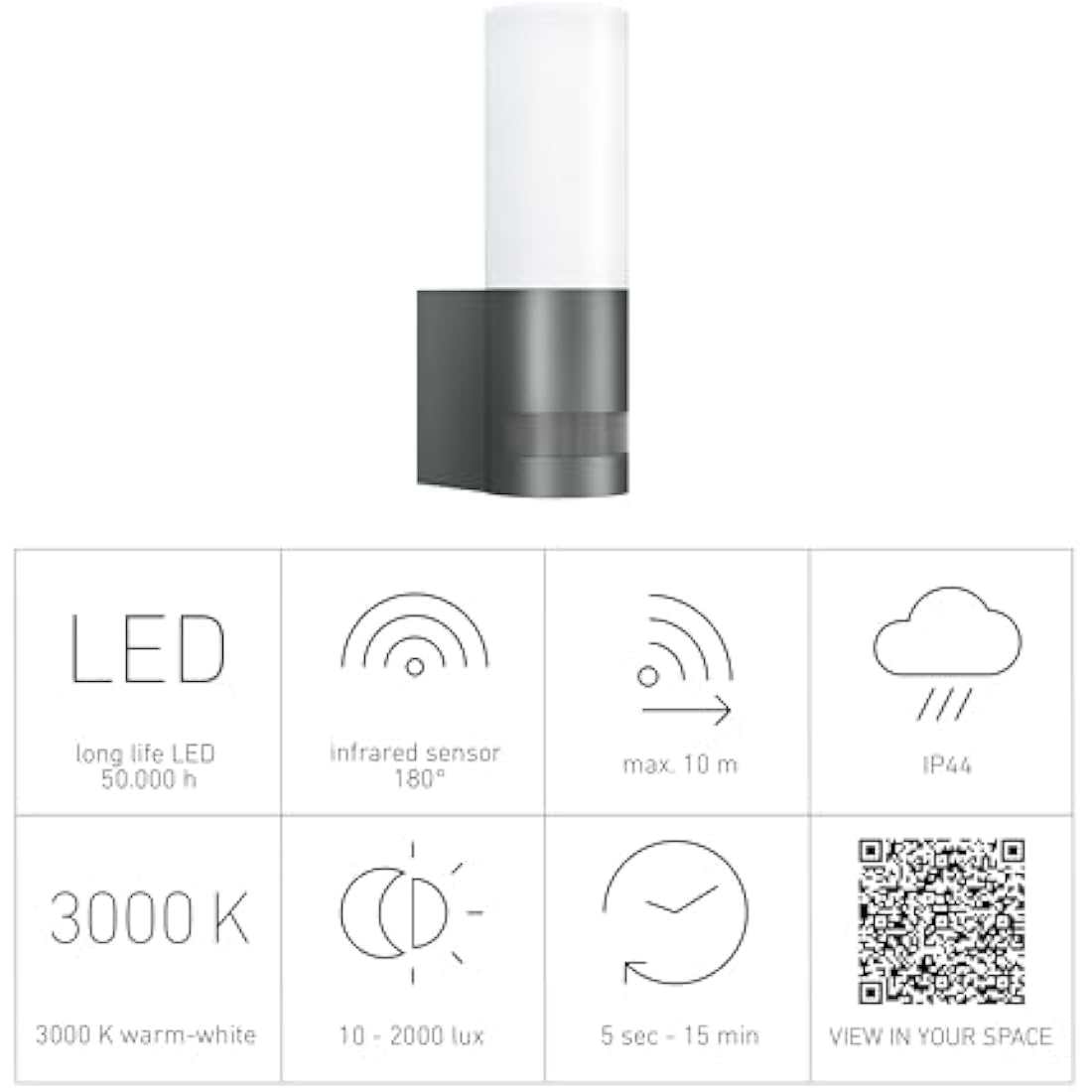 Steinel LED Outdoor Light L 605 S, 180° Motion Detector With Maximum 10 m Range, 11.3 W, 729 lm, Aluminium, Anthracite