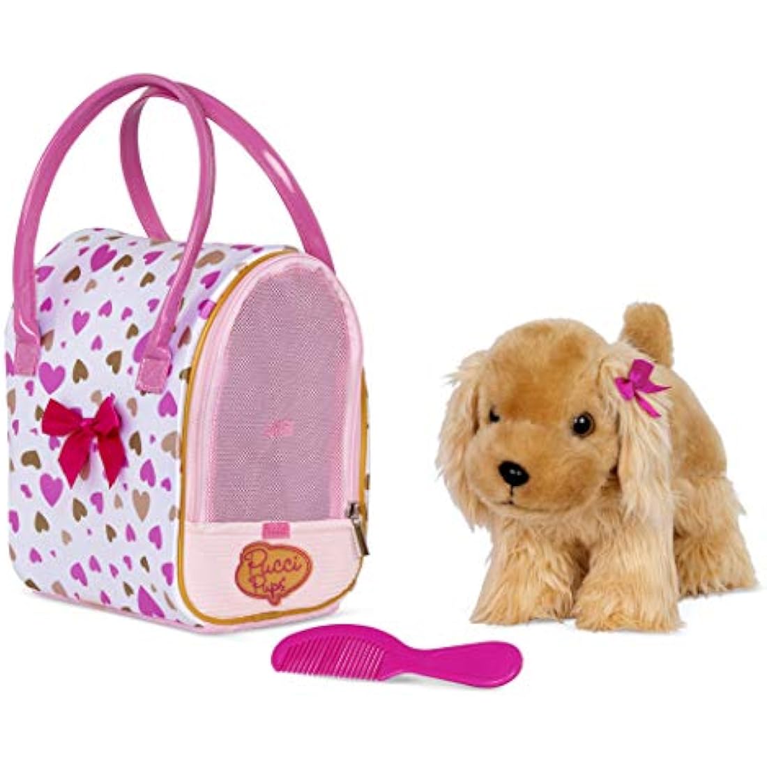 Pucci Pups – Plush Puppy – Dog Carrier – Toy Cocker Spaniel – Pink & Golden Heart Print Bag & Cocker Spaniel and Comb– Stuffed Animal – 3+ Years