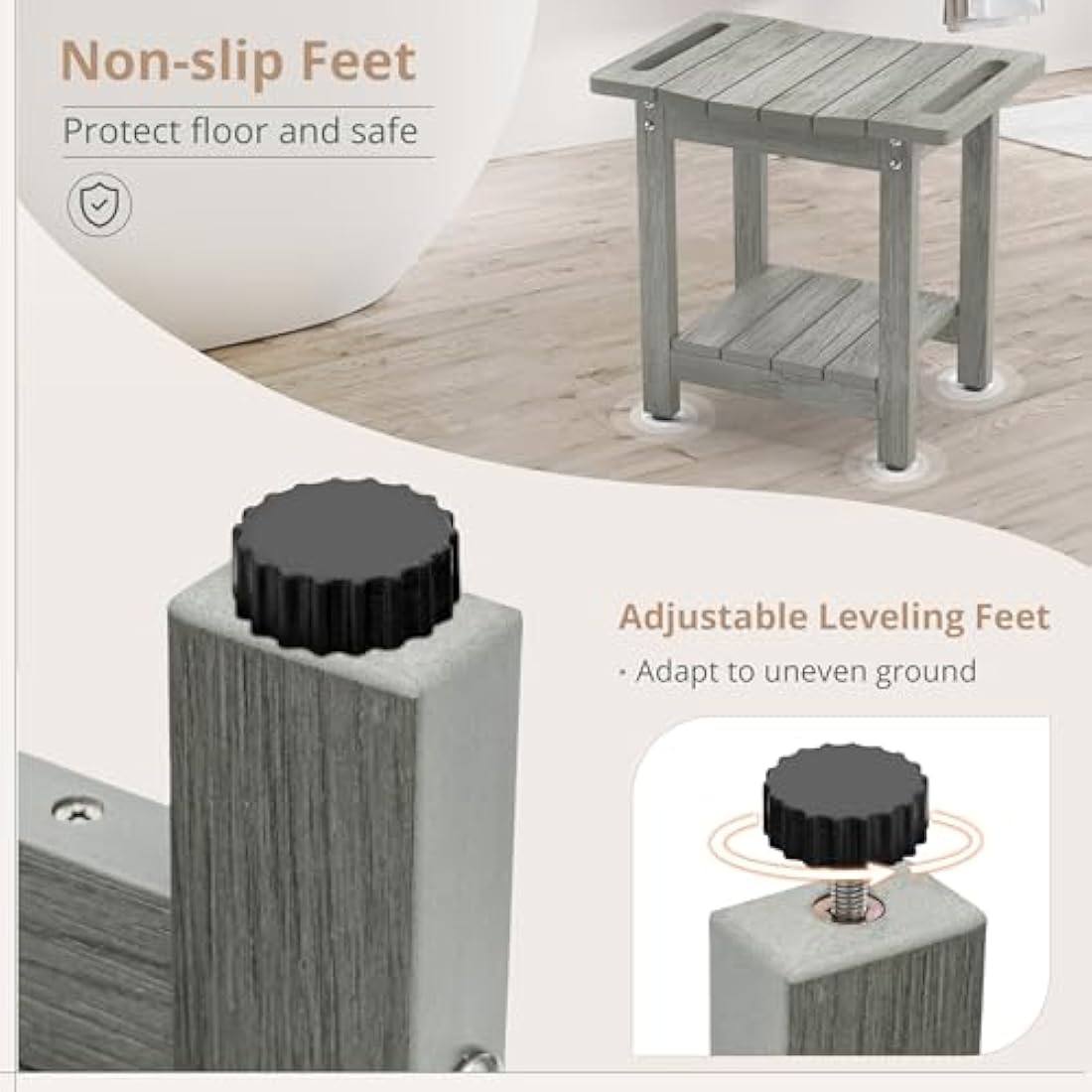 LUE BONA HDPS Shower Benches,Shower Stool for Shaving Legs with Shelf,Waterproof Bath Chair Seat for Bathroom,Weather Resistant/Non-Slip/Handles/Indoor or Outdoor Use,Grey