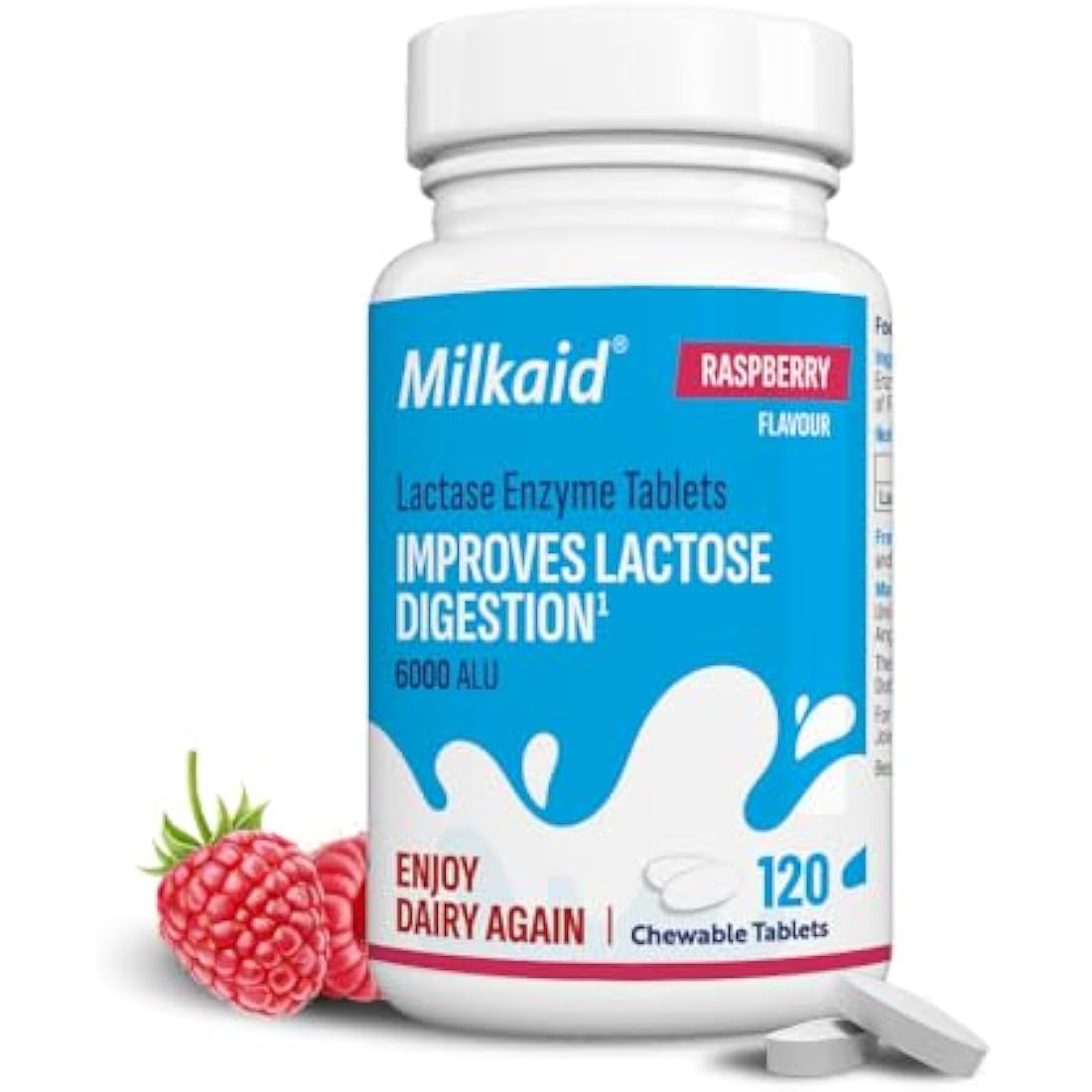 Milkaid Lactase Enzyme Chewable Tablets for Lactose Intolerance Relief, Prevents Gas, Bloating & Diarrhoea, Gluten Free & Vegan, Rasberry, 120 Count