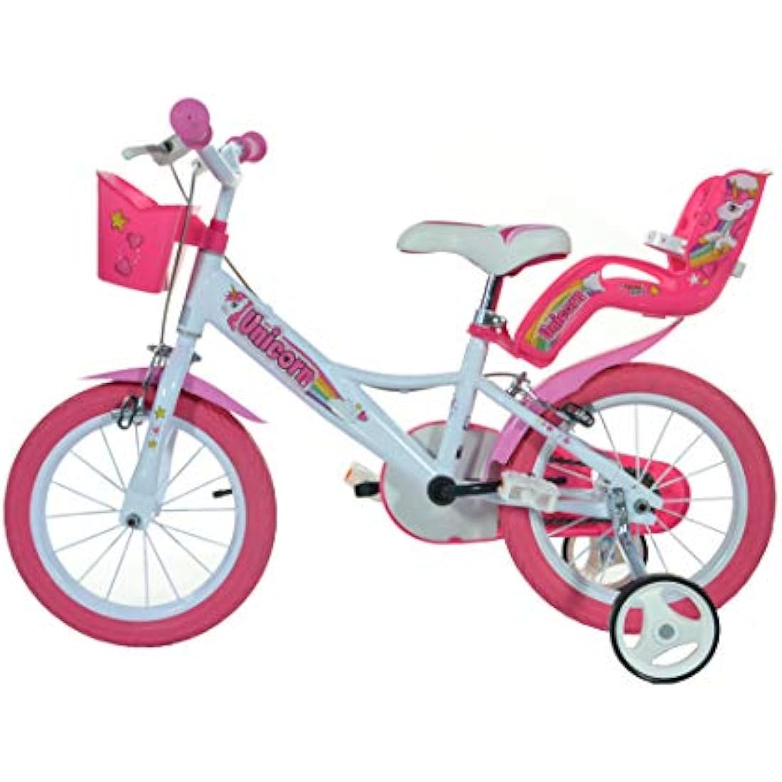 Dino Bikes Unicorn Kids Bike 16-inches, Girls, White/Pink with Doll Seat, Basket and Stabilisers