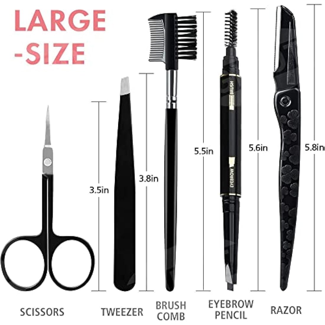 Gibot Stainless Steel Eyebrow Grooming Kit - 5pcs Set with Tweezers, Scissors, Brush Comb, Pencil, Razor and Travel Case for Women and Men, Black