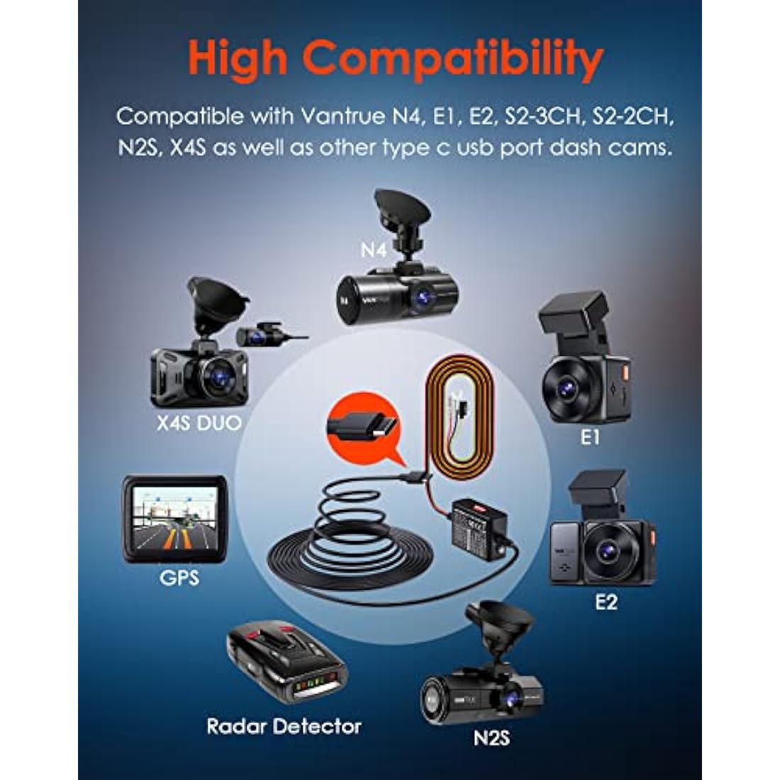 VANTRUE USB-C 5 Level Hardwire Kit with ACC for N5/N4 Pro/N4/N2X/E360/S1 Pro/E1 Pro/E1/E1 Lite/E2/E3/X4S/N2 Pro(USB-C)/N2S/S2 Dashcam, 12V-24V to 5V, 24h Parking Mode, Low Voltage Protection, 11.5ft