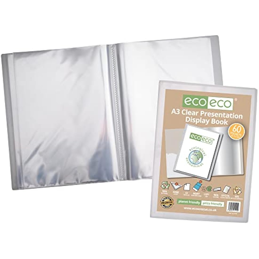 eco-eco A3 Size 50% Recycled 60 Pocket Clear Presentation Display Book, Storage Case Portfolio Art Folder with Plastic Sleeves, eco102