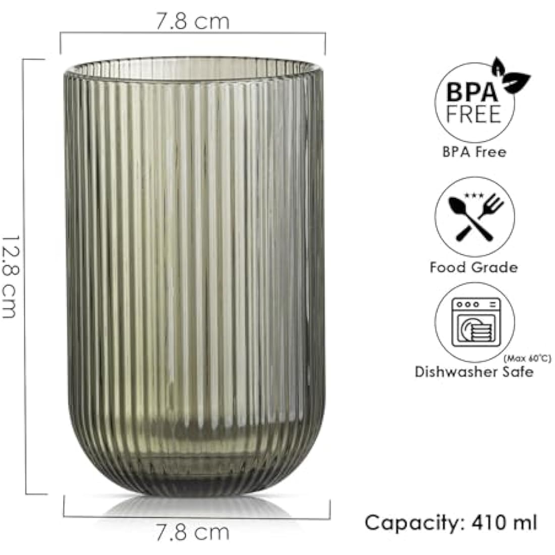 TKNO 6X 410ml Ribbed Highball Glasses Tall Hi Ball Glass Water Gin Juice Cocktail Drinking Glassware Origami Style Fluted Ripple Beverage Tumblers Set, Ideal for Home, Restaurant, Events & Parties