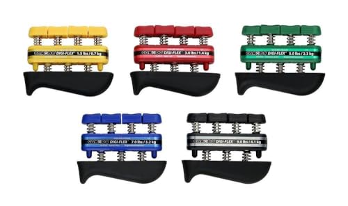 Cando 10-0745Hand exerciser SET - finger grip strengthener Digi-Flex®, SET of 5 pieces (1 per level of difficulty - very easy to very difficult),Yellow thru Black - 5 pc Set