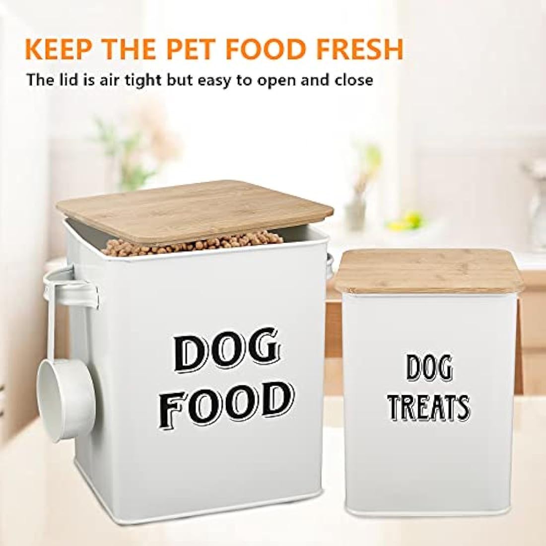 Pet Food and Treats Containers Set with Scoop for Cats or Dogs - Beige Powder-Coated Carbon Steel - Tight Fitting Wood Lids - Storage Canister Tins - Dog Food