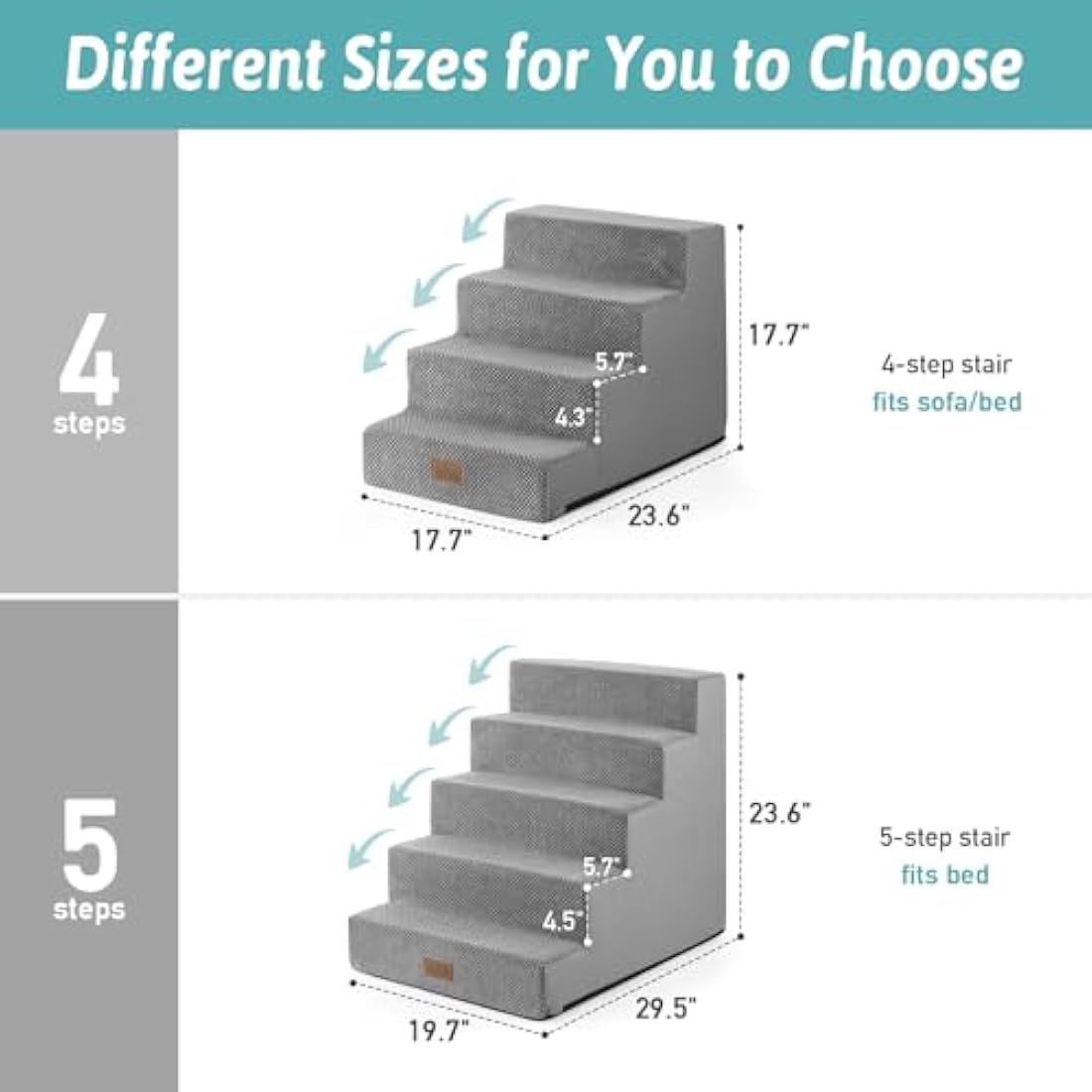 COZY KISS Wide Dog Stairs for Small Dogs, 17.7" Width Pet Steps for Bed Sofa Car, 45 cm High Non-Slip Dog Stair for Old Cats, Puppy, Small Medium Dogs, 60x45x45 cm, 4 Tiers, Grey