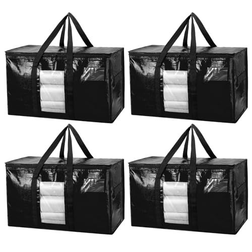 TAILI Moving Bags Extra Large Heavy Duty 4 Pack Storage Bags with Zips, Clear Window & Reinforced Handles, Black Storage Bags with Lid for