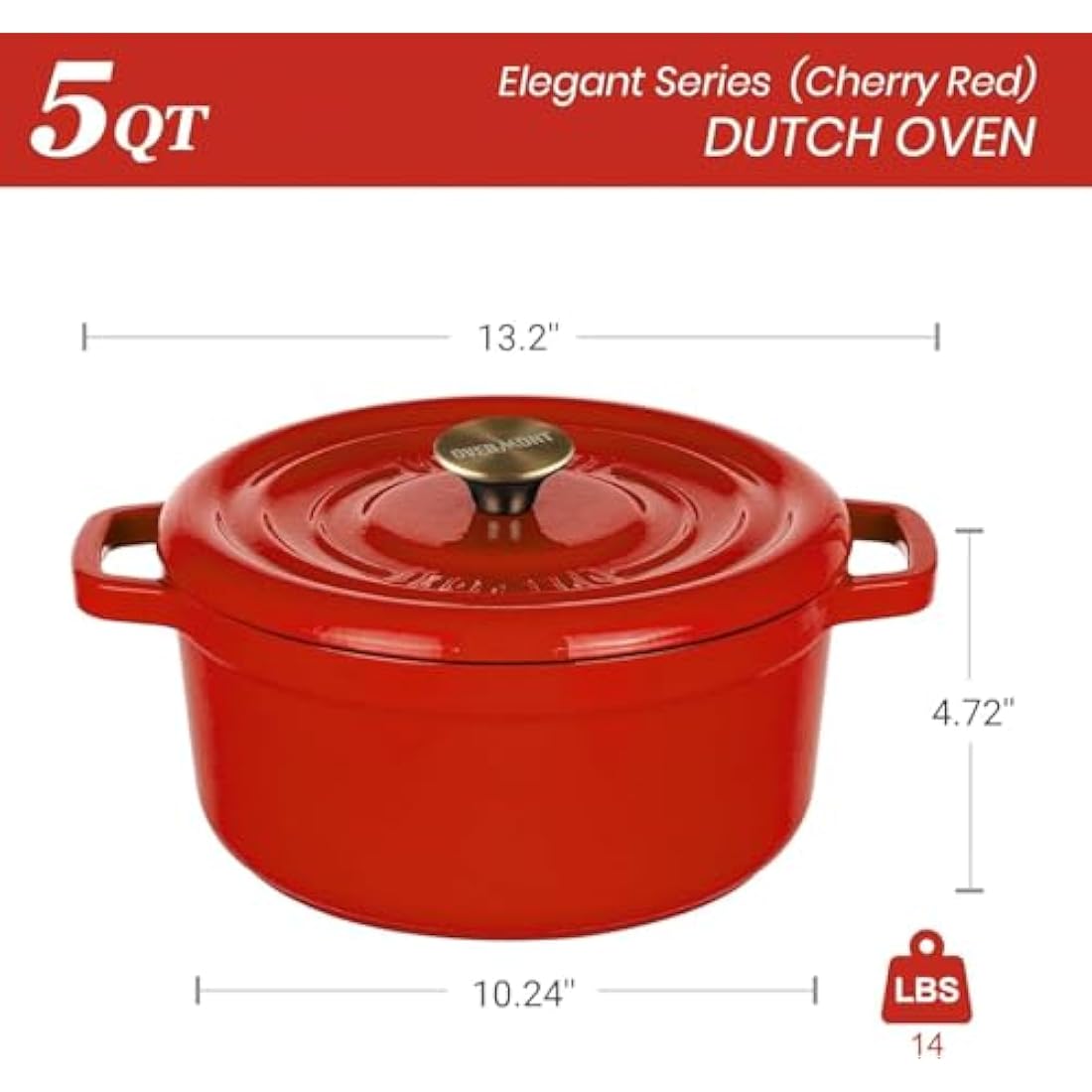Overmont 26cm Enameled Cast Iron Dutch Oven - 5L Pot with Functional lid Cookbook & Cotton Potholders - Oven Safe up to 500° F, Sturdy Cookware for Braising, Stews, Roasting, Bread Baking, Red