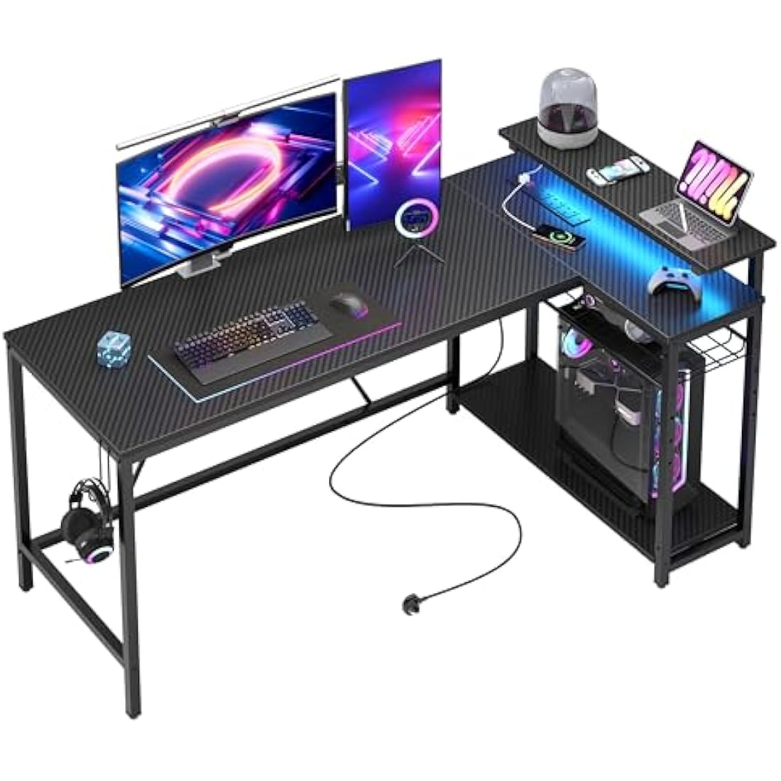 Bestier 147CM L-Shaped Gaming Desk with RGB Lights & Power Outlets, Reversible Corner PC Workstation with Storage & Hooks for Gamers or Home Office