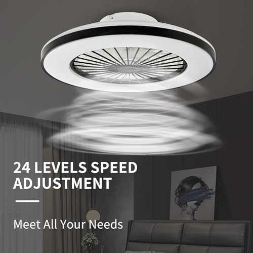 BKZO Modern LED Ceiling Light with Fan, Ceiling Fan with lamp, 24 Ventilation speeds, infinitely dimmable Light for Living Room, Bedroom, Office, 3000-5500 K, (Black Frame 50CM)