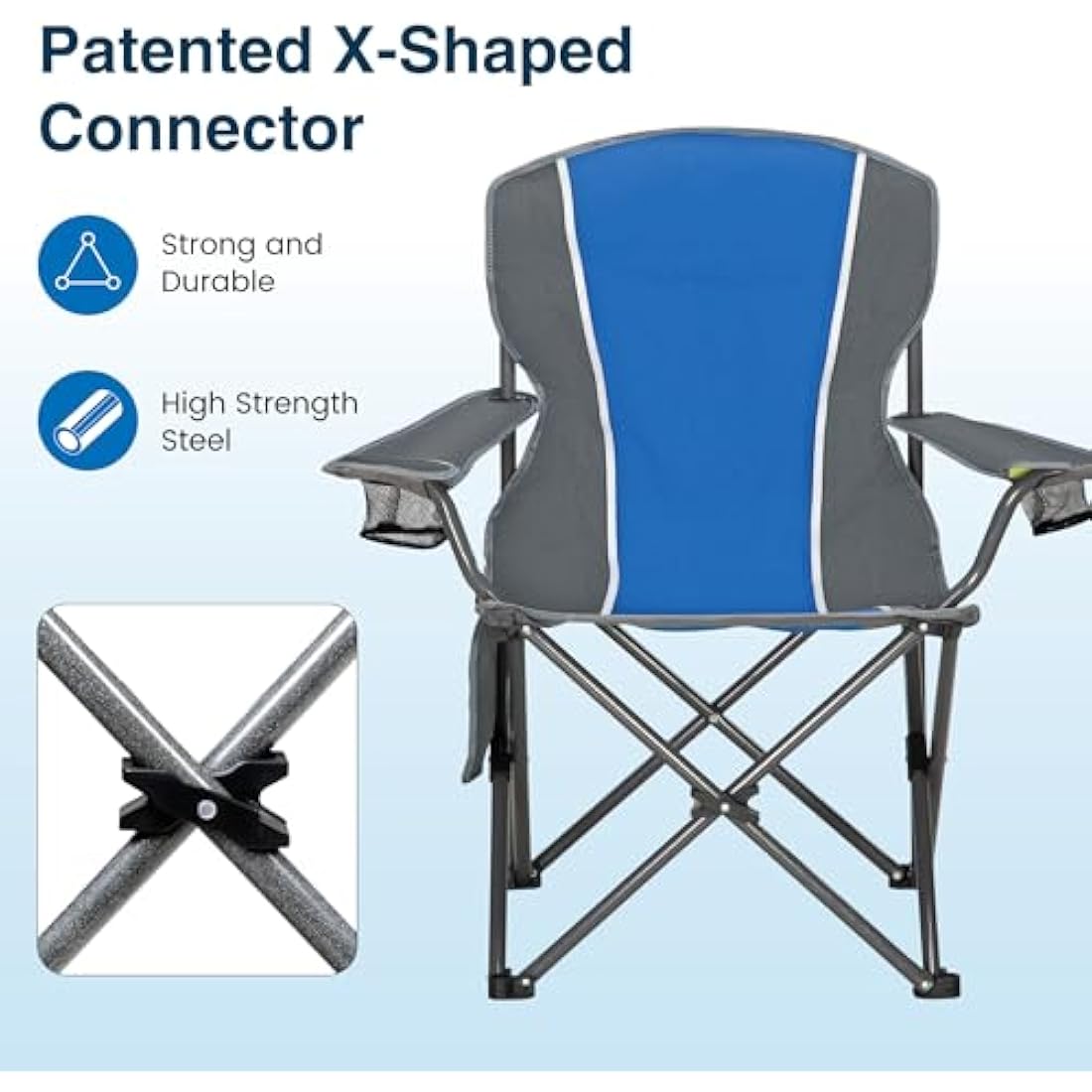 ALPHA CAMP Camping Folding Chair for Heavy People Portable Heavy Duty Chair Support 160 KG Oversized camp chair Outdoor for Adult with Cup Holder and Side Pocket, Blue/Gray