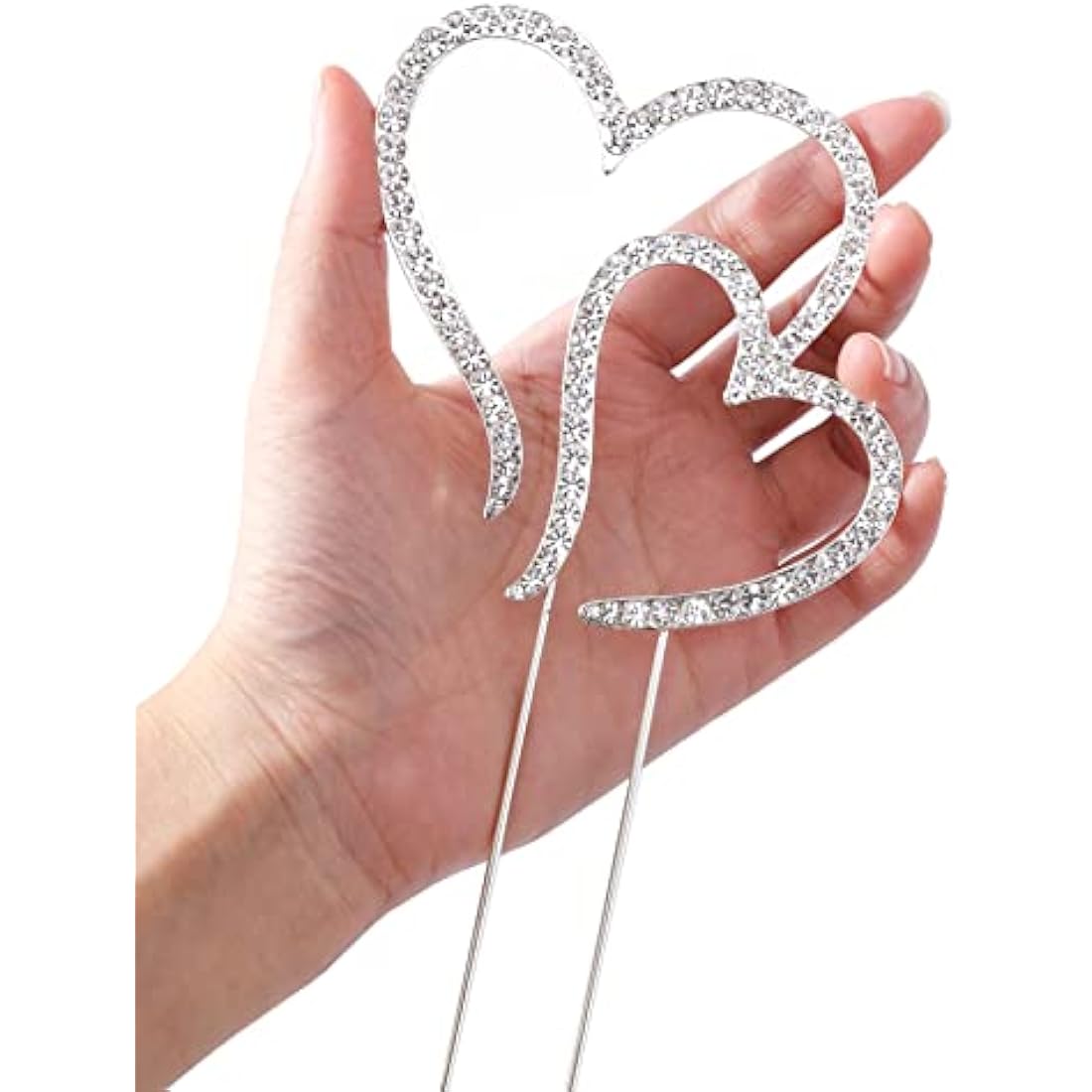 LOVENJOY Double Hearts One Love Wedding Cake Toppers Silver Diamante Heart Cake Decorations, Gift Boxed