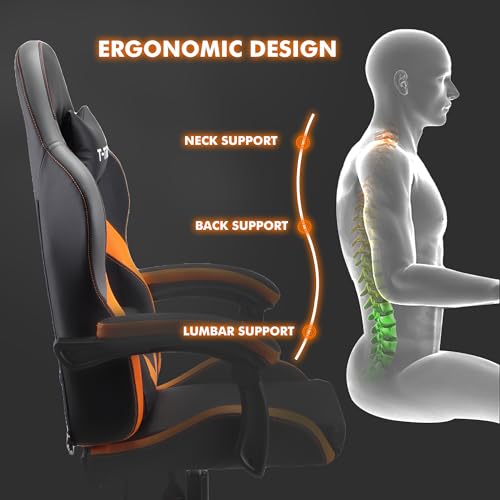 T-THREE.Ergonomic high-back gaming, computer, office, study, swivel, and racing-style chair with adjustable lumbar and headrest support, 150kg weight