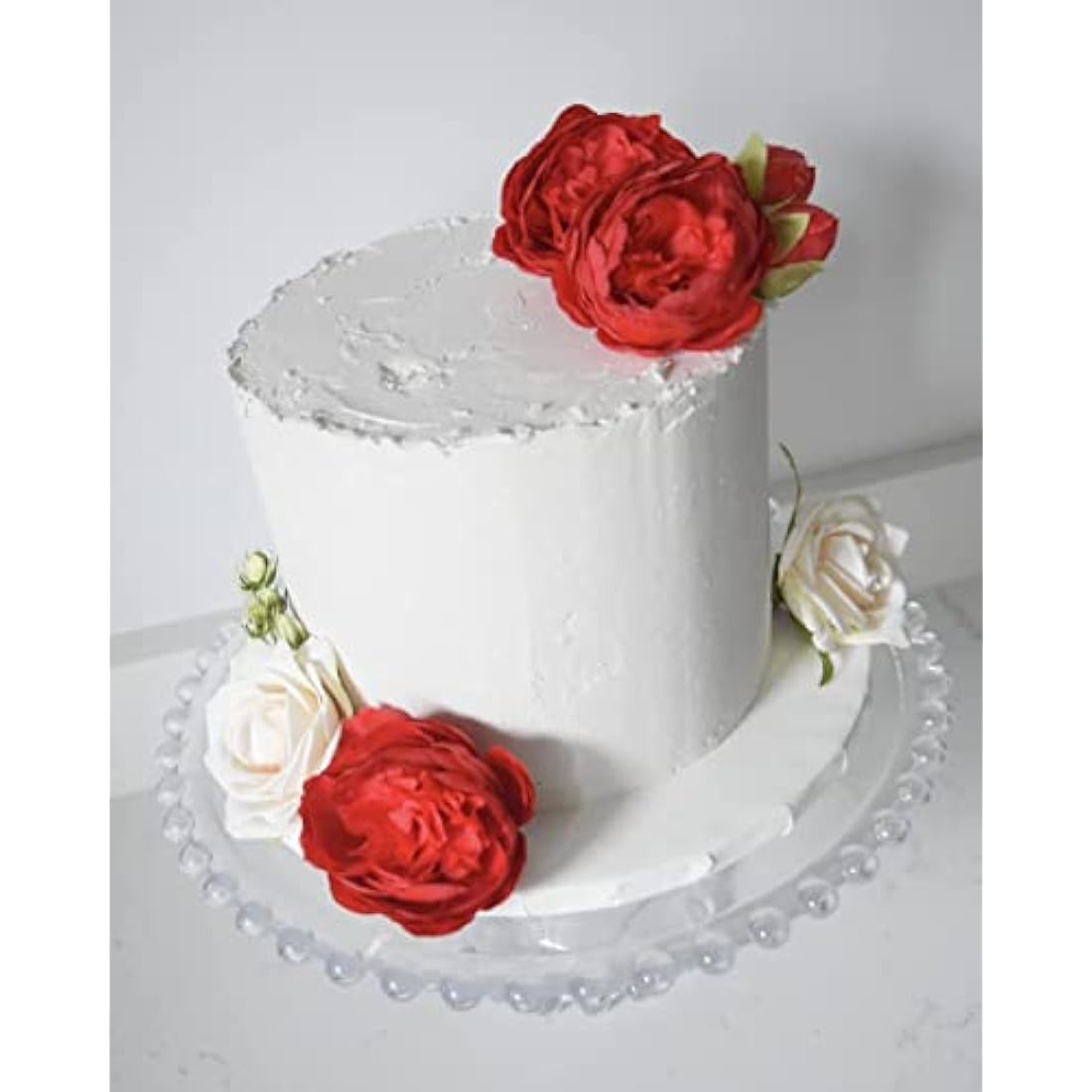 The Baked Studio - Silk Peony and Tea Rose Artificial Bouquet 9 Heads Realistic Fake Plant for DIY Craft Cake Living Room Home Wedding Decoration (Christmas Red)