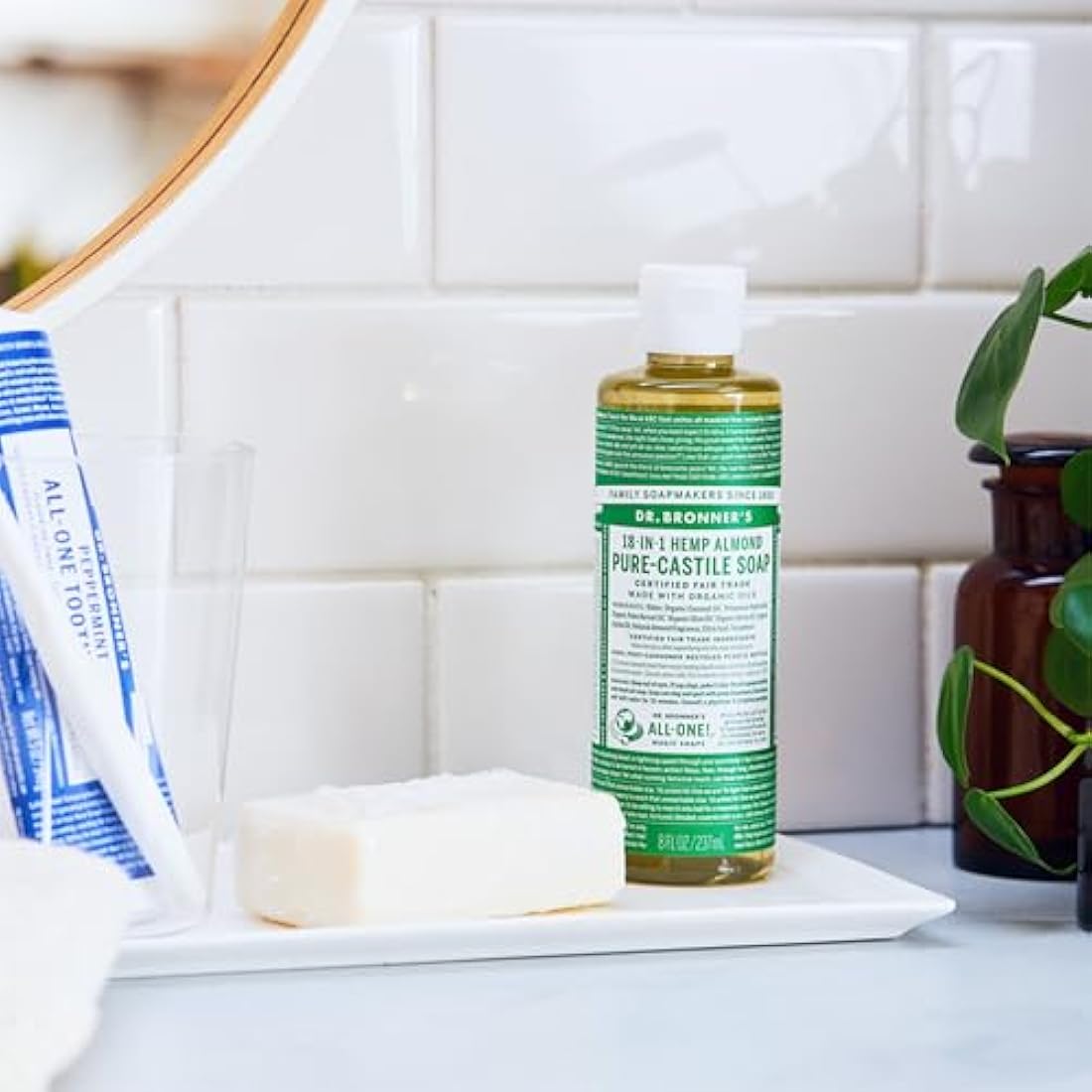 Dr Bronner's 18-in-1 Almond Pure-Castile Liquid Soap, Made with Organic Oils, Used for Face, Body, Hair, Laundry, Pets and Dishes, Certified Fair Trade & Vegan Friendly, 473ml Recycled Bottle