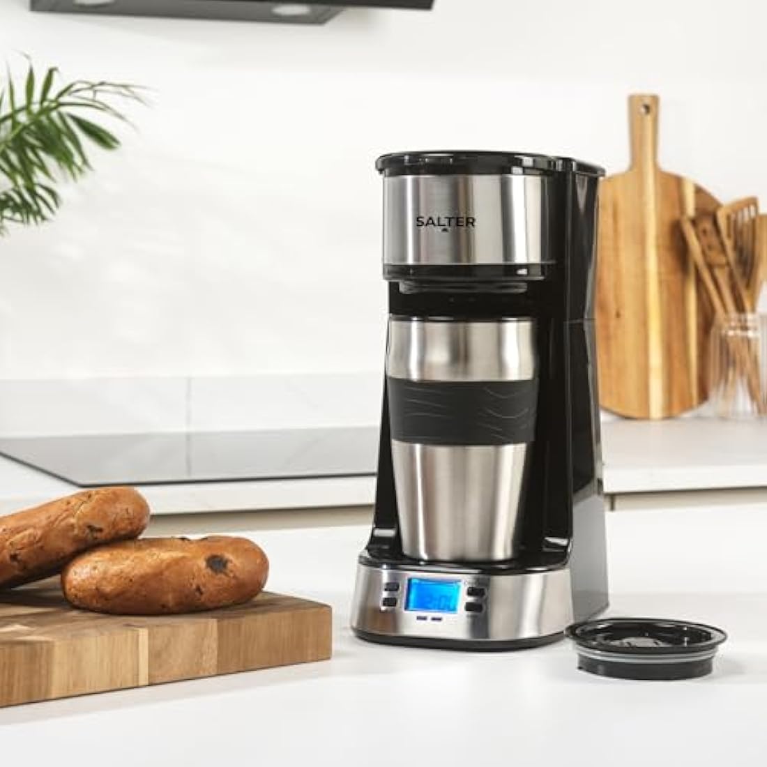 Salter EK2732 Personal Coffee Machine - One Cup Filter Coffee Maker, Includes 420ml Stainless Steel Travel Mug, Removable & Washable Filter, Quick Brew In 3-4 Mins, Compatible With Ground Coffee, 750W