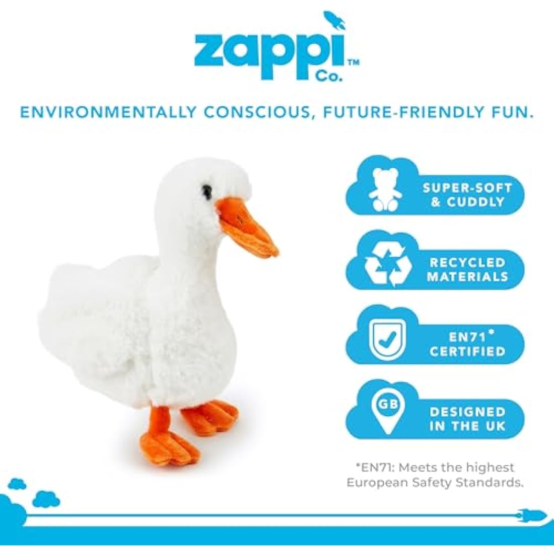 Zappi Co Duck Plush Toy (25cm) - Charming, Soft Waterfowl, Eco-Friendly, Perfect for Kids' Pond Adventures, Made from Recycled Material