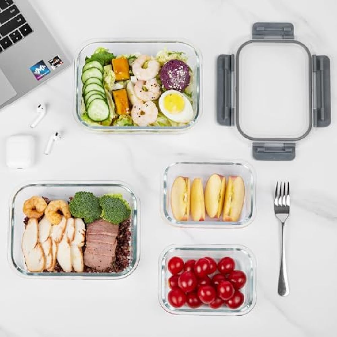Vtopmart Glass Containers with Lids, 8 Pack Glass Meal Prep Containers, Lunch Box with BPA Free, Stackable, High Temperature Resistance, for Freezer, Camping