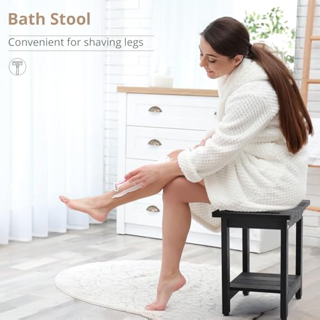LUE BONA HDPS Shower Benches,Shower Stool for Shaving Legs with Shelf,Waterproof Bath Chair Seat for Bathroom,Weather Resistant/Non-Slip/Handles/Indoor or Outdoor Use,Black