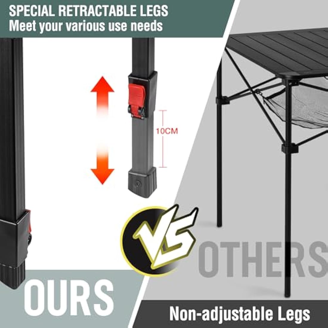 VILLEY Camping Table Folding, Lightweight Roll Up Aluminum Camp Table with Carry Bag, Adjustable Height Portable Outdoor Table for Picnic, Beach, Hiking, Fishing, Medium
