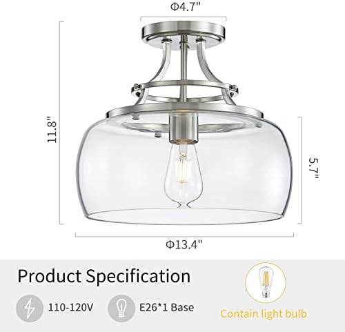 WUZUPS Chandelier Rustic Farmhouse Industrial Round Semi-flushmount Ceiling LED Light Fixture with Clear Glass Shades for Bathroom Kitchen Foyer Entryway, H 30 x W 34, E27 Base, Brushed Nickel