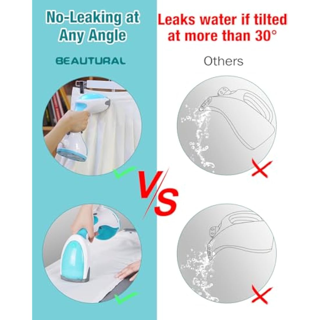 BEAUTURAL Clothes Steamer, Portable Handheld Steamer, Garment Fabric Wrinkles Remover, 30-Second Fast Heat-up, Auto-Off, Large Detachable Water Tank