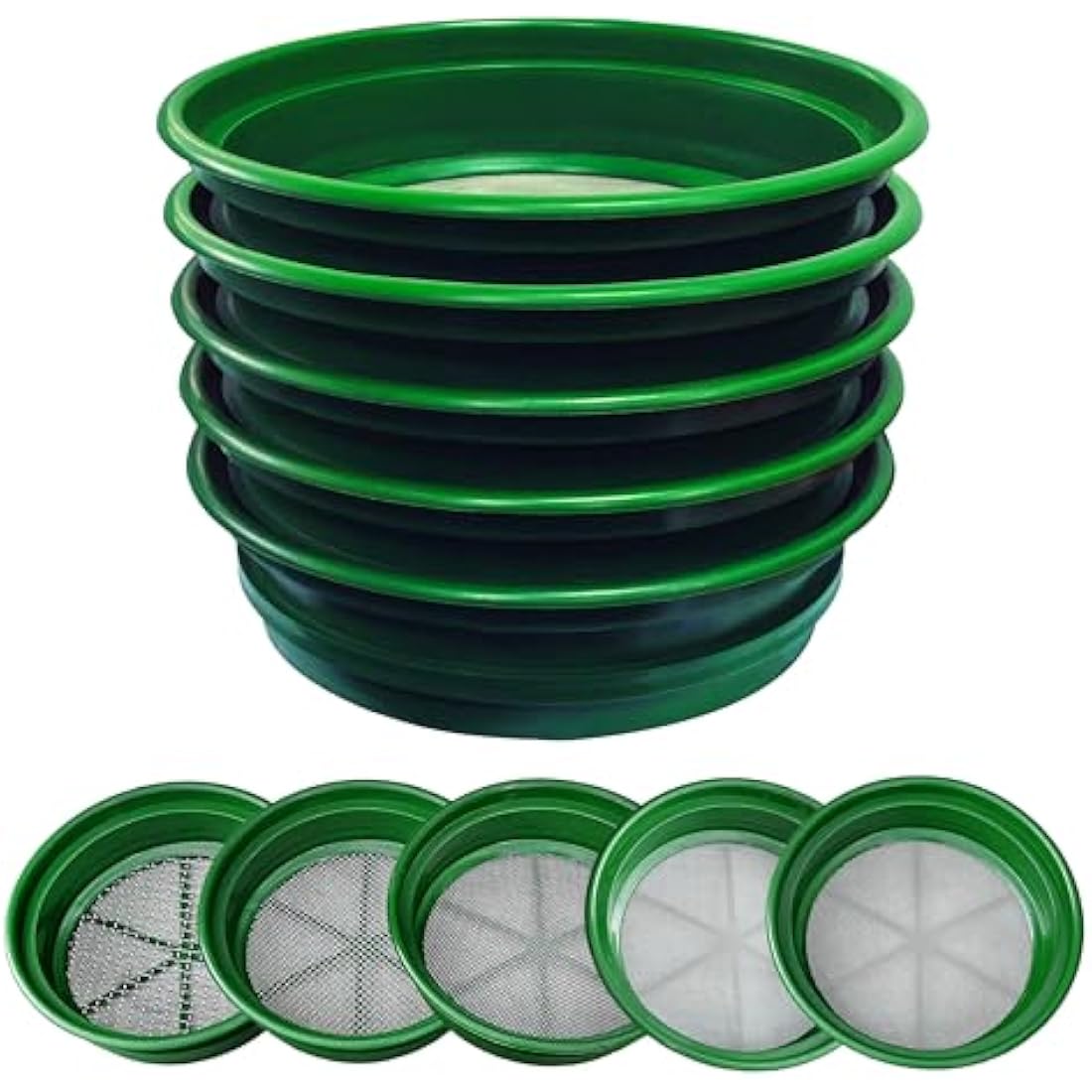 SE 13 1/4 Inch Stackable Classifier Gold Prospecting Pan Set - Includes 1/2" 1/4" 1/8" 1/12" and 1/20" Stainless Steel Mesh Sifting Pans, Green, 5 Pack