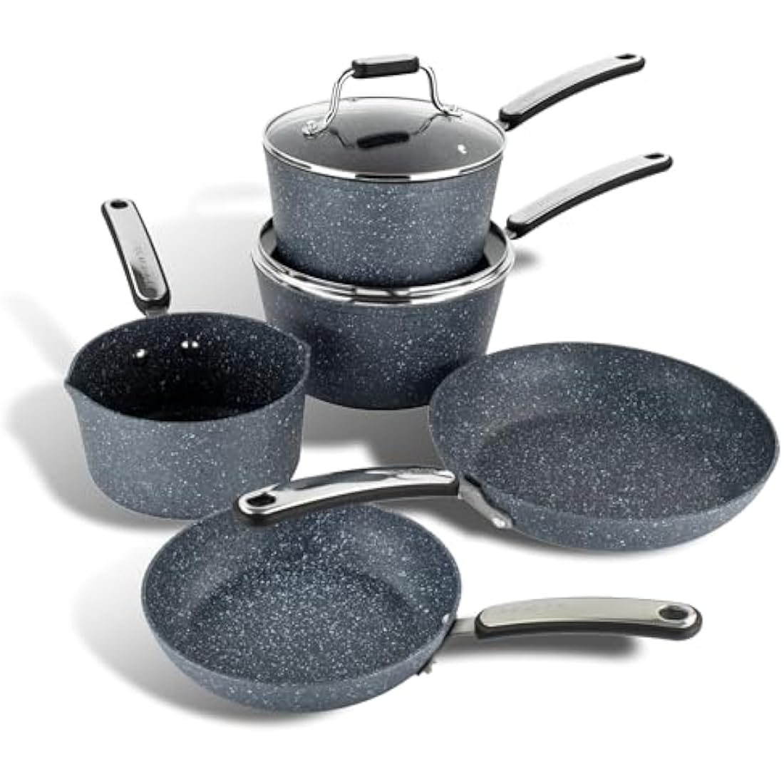 Scoville Expert Neverstick+ 4+1 Piece Cookware Set - Non-Stick Pans Set, 16cm Milk Pan, 18/20cm Saucepans, 20/24cm Frying Pans, Suitable for All Hobs, PFOA Free, Dishwasher Safe, Aluminium, Grey
