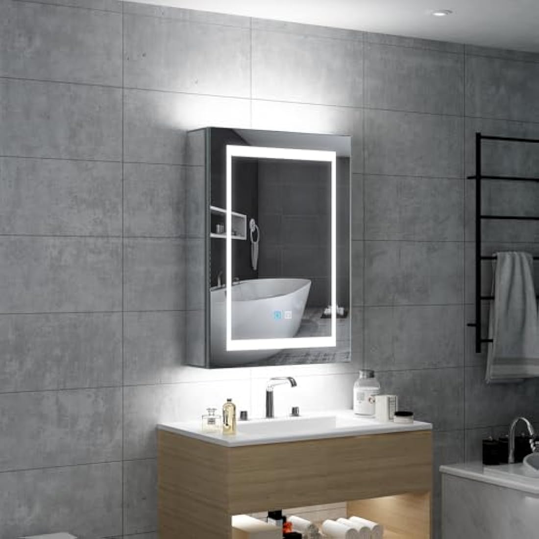 Tokvon® Viewfinder Bathroom Mirror Cabinet Wall Mounted LED Backlit light LED Dimmer with dual plug shaver socket Anti-fog Demister 500x700mm Aluminum