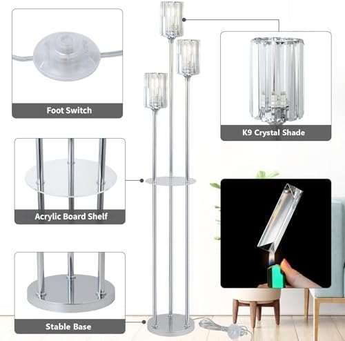Rayofly Modern Floor Lamps for Living Room, 3-Lights Crystal Floor Lamp with Shelves, Chrome Standing Lamp with Crystal Shades and Foot Switch, Standing Lamps for Bedroom, Corner Tall Lamp for Office