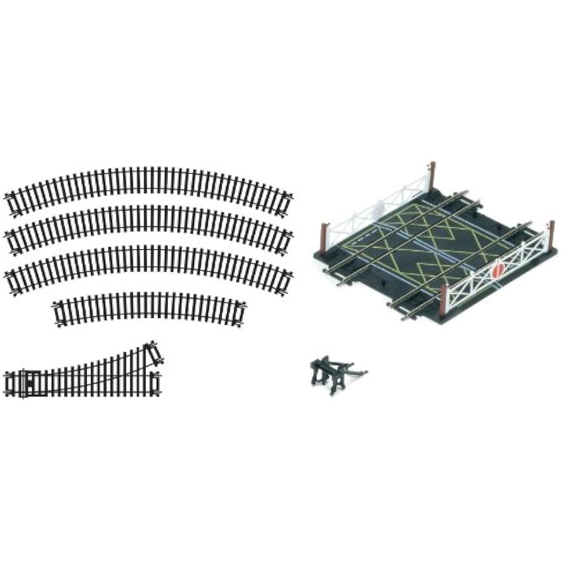 Titles Hornby R8224 OO Gauge Track Extension Pack D - Extra Track Pieces for Model Railway Sets, Model Train Track Pieces, Includes - Curves, LH Point, Buffer Stop & Double Level Crossing - Scale 1:76