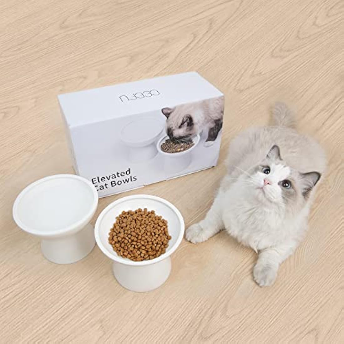 CEEFU 2 x Extra Wide Ceramic Cat Bowls for Food and Water, Shallow Plate, Lead and Cadmium Free, Raised Height for Dogs and Cats, Two Different Depth Bowls, White